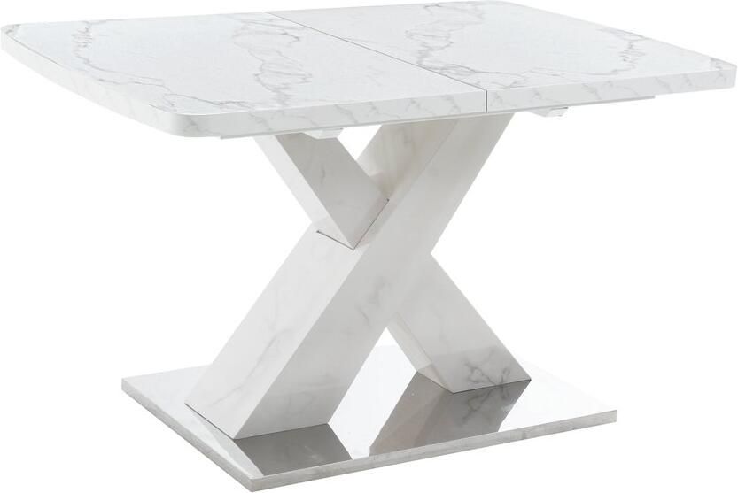 Merax Uitschuifbare Eettafel Marmerlook Tafelblad Rechthoekige Eettafel met X-Vorm Onderstel MDF en Staal Wit 120–160×80×76 5 cm