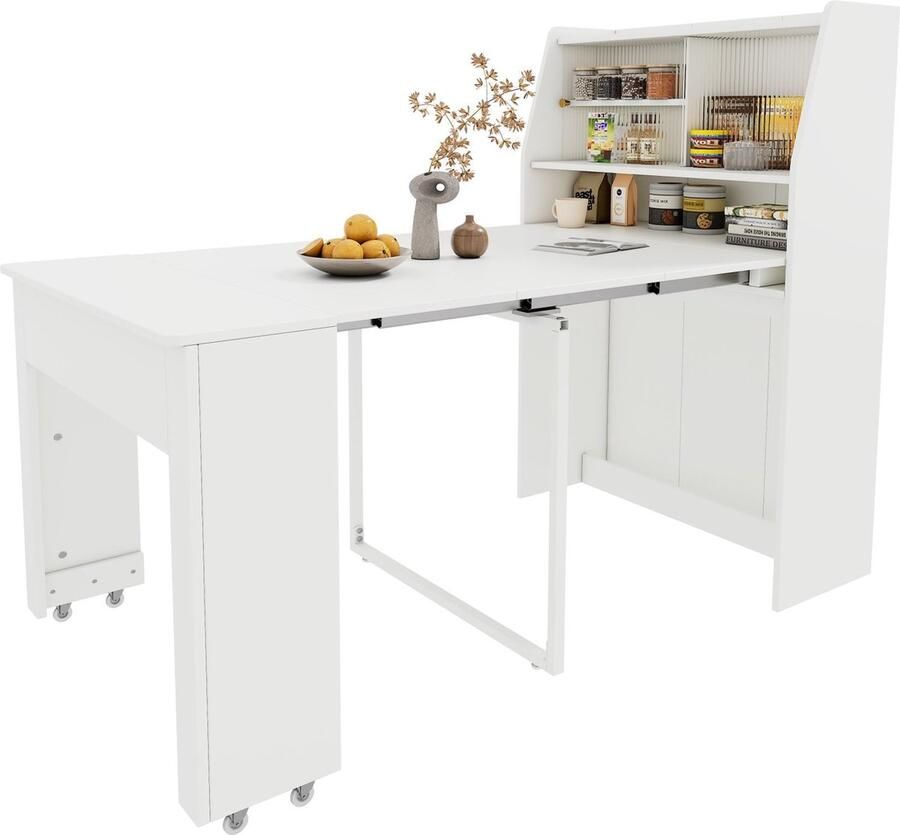 Merax Uitschuifbare Eettafel met Opbergruimte L52 132.5 x B80 x H76 cm Multifunctionele Tafel Wit - Foto 2
