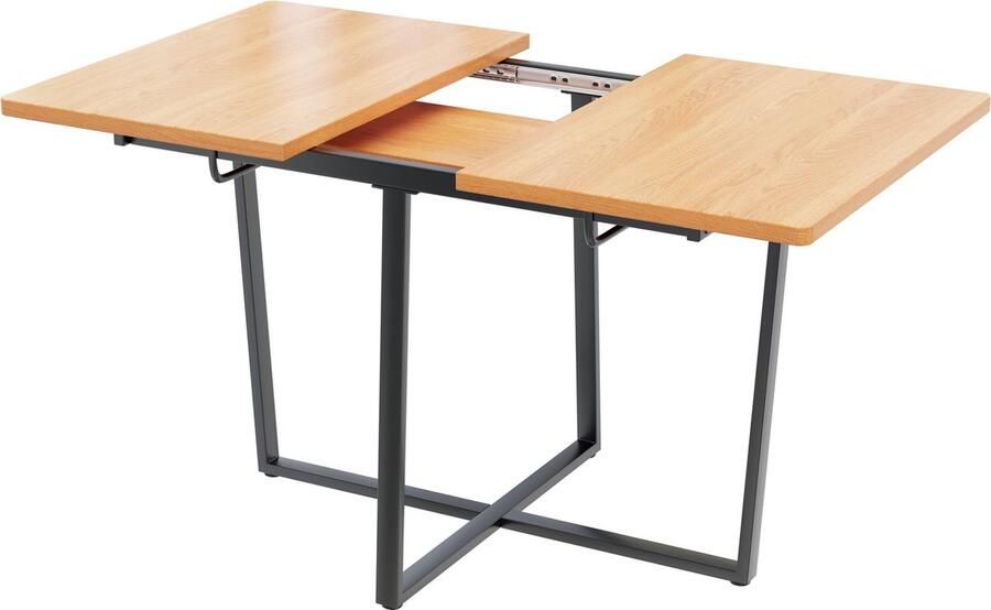 Merax Uitschuifbare Eettafel – Moderne Minimalistische Eettafel – Geschikt voor 4-6 Personen – Licht Eiken en Zwarte Metalen Poten – 110 140 x 80 cm - Foto 2