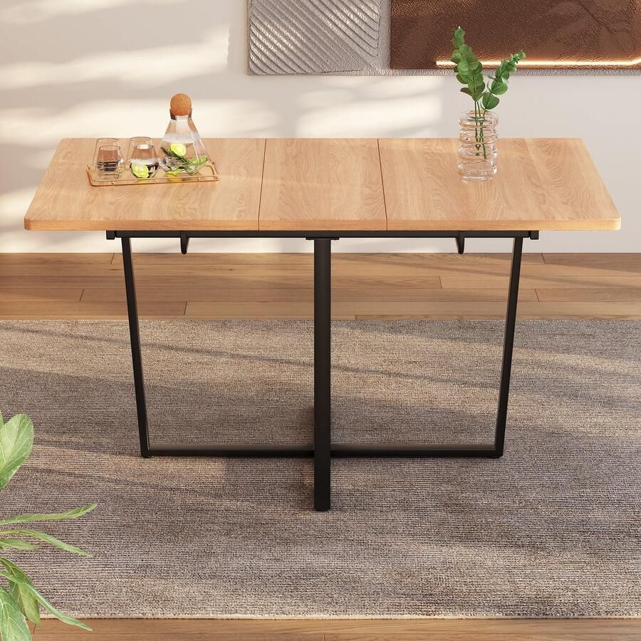 Merax Uitschuifbare Eettafel – Moderne Minimalistische Eettafel – Geschikt voor 4-6 Personen – Licht Eiken en Zwarte Metalen Poten – 110 140 x 80 cm
