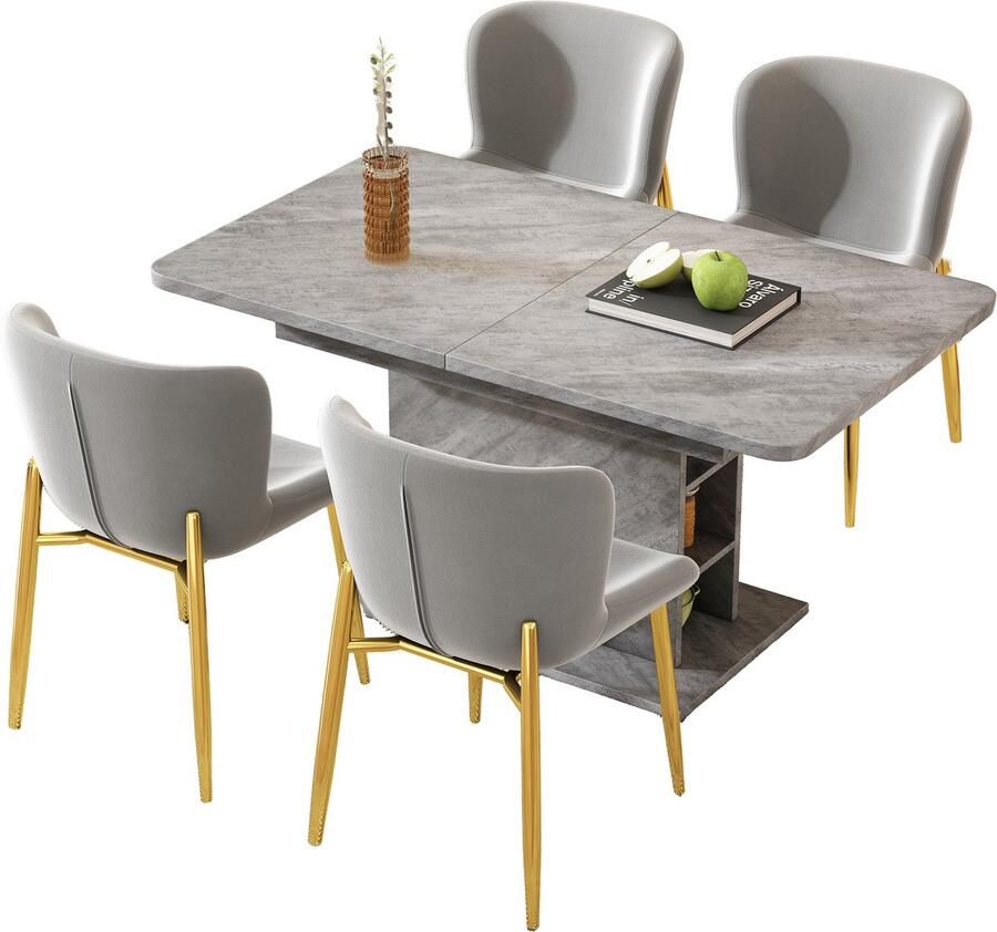 Merax Uitschuifbare Eettafel Set – 5-delige Eethoek – Inclusief 4 Fluwelen Eetkamerstoelen – Eettafel met Opbergruimte – Grijs – Stijlvol en Functioneel