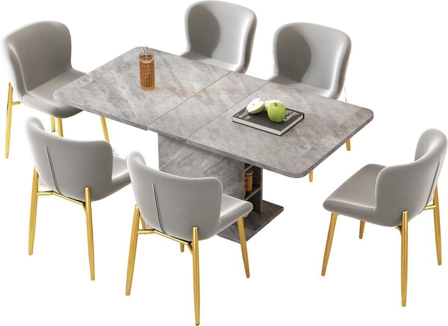 Merax Uitschuifbare Eettafel Set – 7-delige Eethoek – Inclusief 6 Fluwelen Eetkamerstoelen – Eettafel met Opbergruimte – Grijs – Stijlvol en Functioneel
