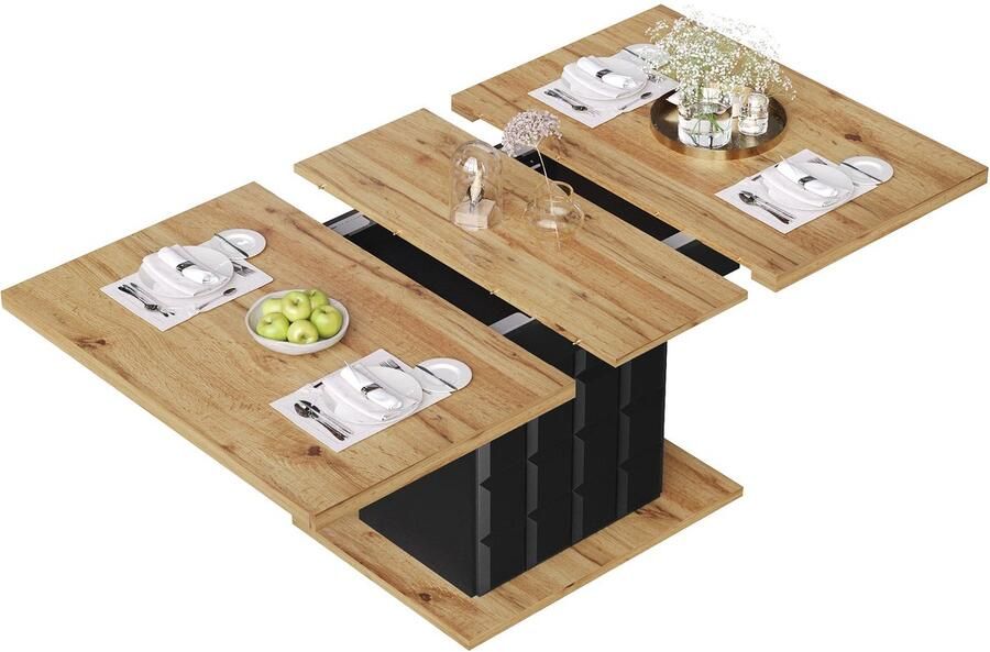 Merax Uitschuifbare Eettafel Telescoop Eettafel 110-140x80 cm Klapbare Keukentafel voor 4-6 Personen Ruimtebesparende Tafel met Opbergruimte Zwart Naturel
