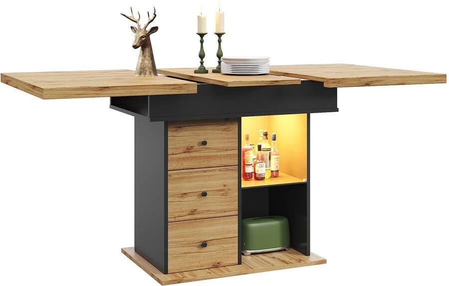 Merax Uitschuifbare Eettafel – Telescoop Klaptafel 110-140×80 cm – Keukentafel met LED-Verlichting en USB-Aansluiting – 4-6 Personen – Zwart & Naturel