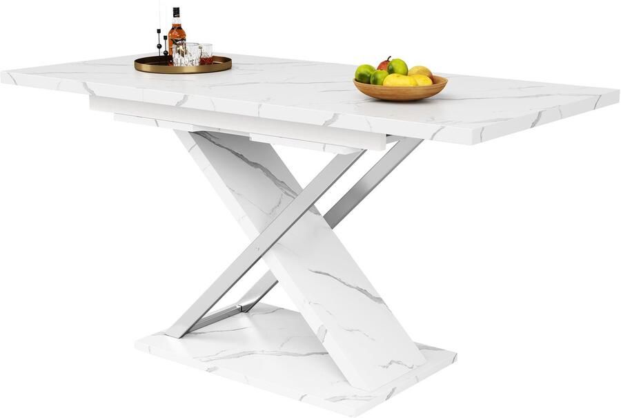 Merax Uitschuifbare Eettafel Wit 118 tot 157 cm Met Kruispoten en Marmerlook Tafelblad