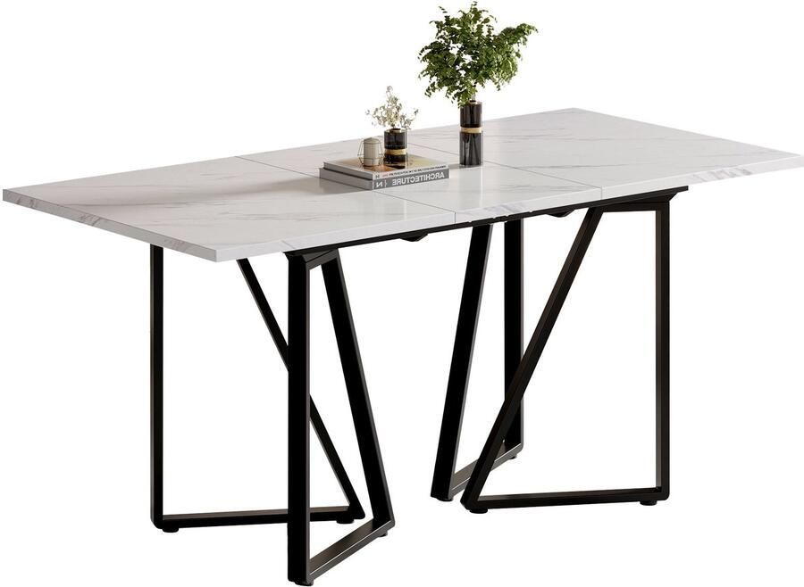 Merax Uitschuifbare Eettafel Wit Zwart Marmerlook Industrieel Metaal Hout Verstelbare Poten