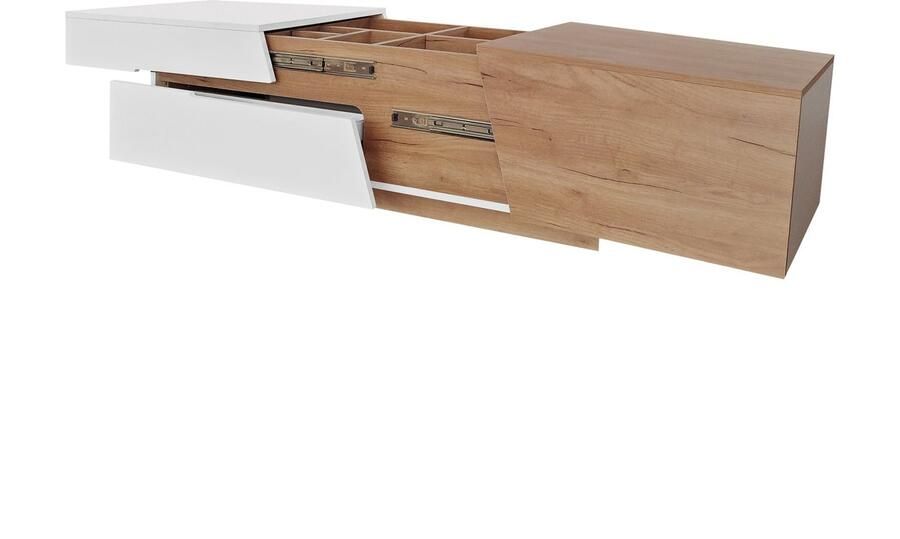 Merax Uitschuifbare Salontafel met Lade en Kleurblokstructuur – Moderne Bijzettafel met Veel Opbergruimte Wit met Hout Bruin - Foto 2