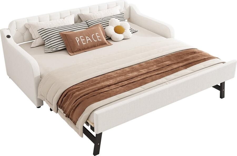 Merax 90x200 cm Slaapbank met Uittrekbaar Bed en USB-oplaadpunt Beige Linnen Stijlvol en Praktisch