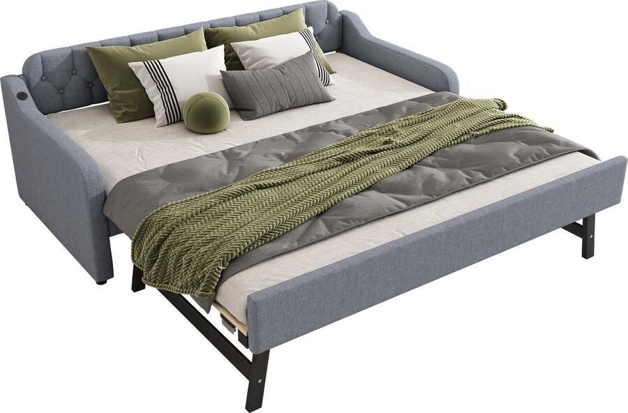 Merax Uitschuifbare Slaapbank 90x200 tot 180x200 cm – Dagbed met USB-Poort – Grijs Linnen – Bedbank met Logeerfunctie