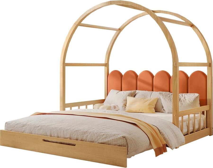 Merax Uitschuifbaar Bedframe met Boogdak – Kinderbed Logeerbed en Dagbed 140x100 cm & 140x200 cm Inclusief Kussens Kieferhout Naturel en Oranje