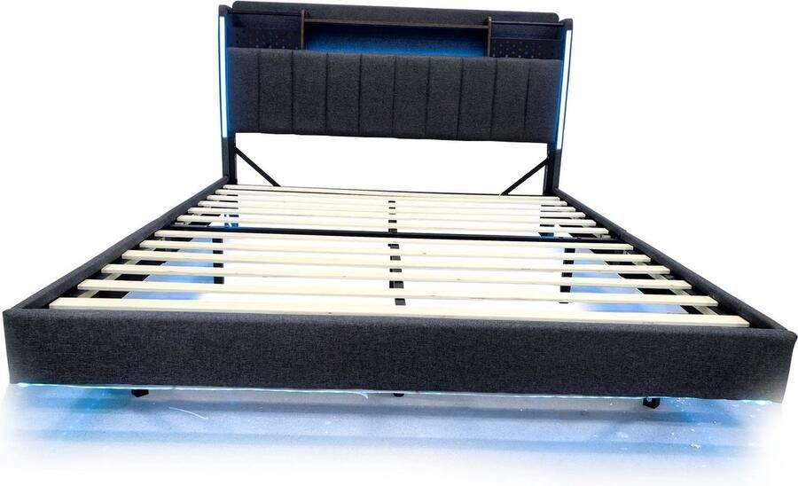 Merax Upholstered Bed 140 x 200 cm met LED Verlichting en USB-Aansluiting Hoofdbord met Opbergruimte Modern Vlot Bed voor Jongeren en Volwassenen Grijs Linnen - Foto 2