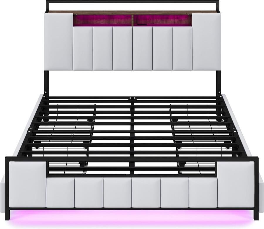 Merax Upholstered Bed 160x200 cm Multifunctioneel Bed met LED-verlichting USB-aansluiting en Laden Stalen Bedframe Kunstleer Wit