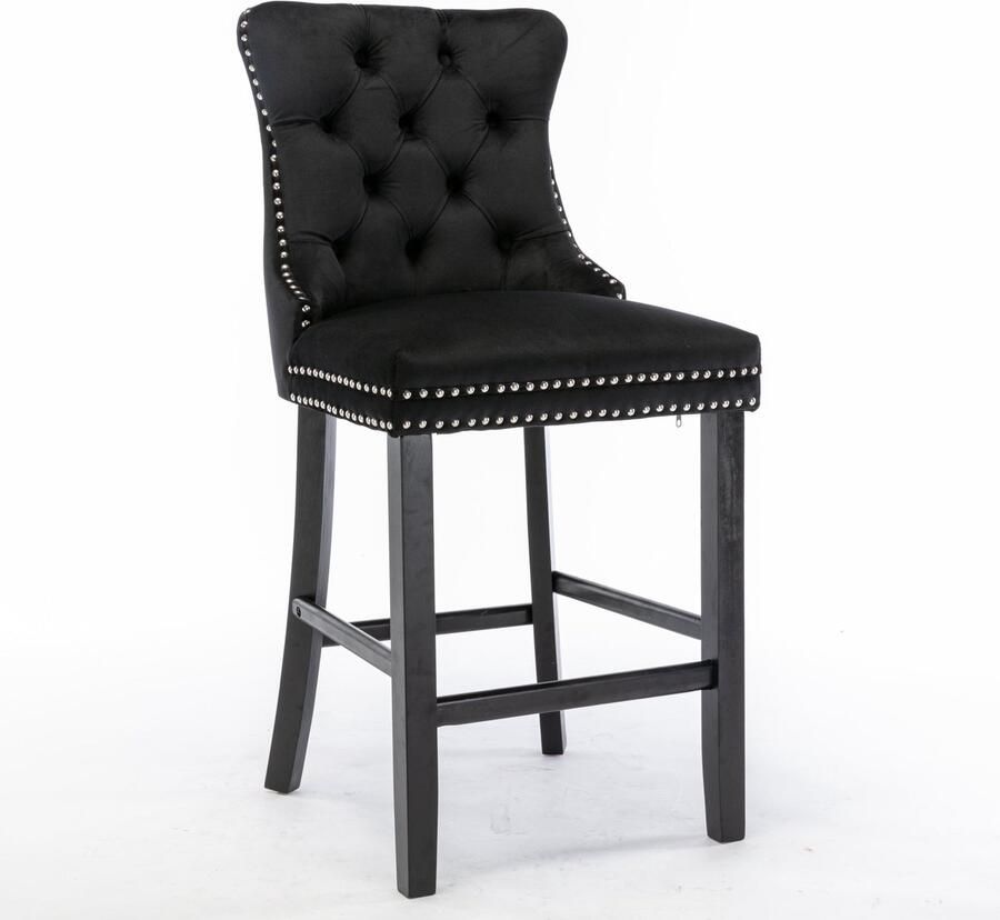 Merax Velours Barstoelen Set van 2 – Zwarte Barkrukken met Knopenpatroon Houten Poten en Chrome Nagelrand – Luxe Wingback Design