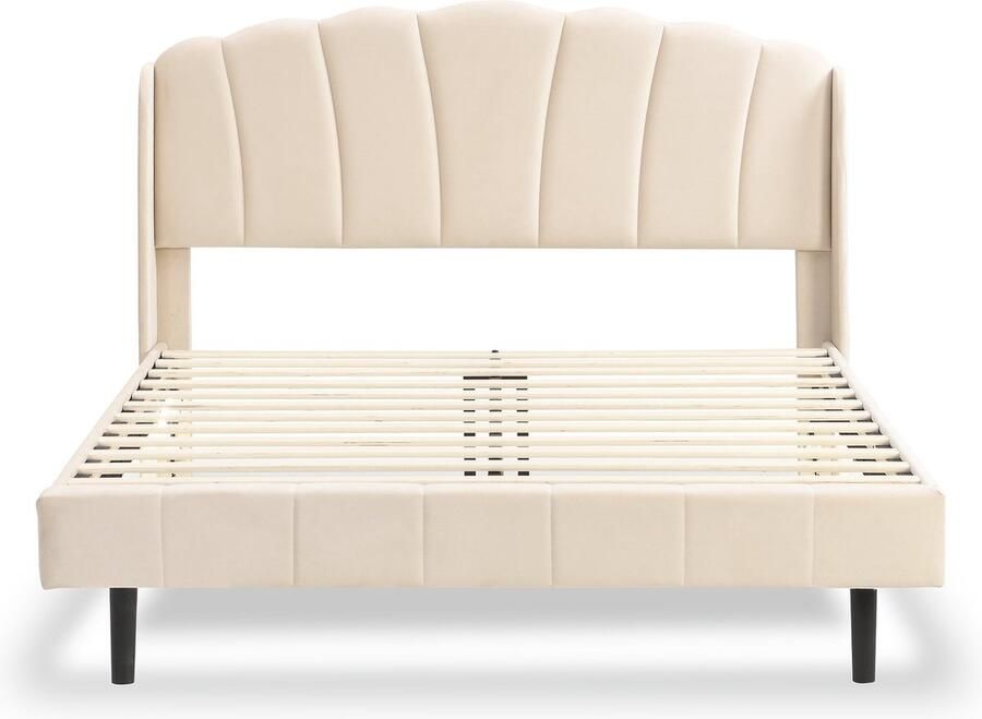 Merax Velours Gestoffeerd Bed 140x200 cm met Bewegingssensor LED-verlichting Zonder Matras Beige