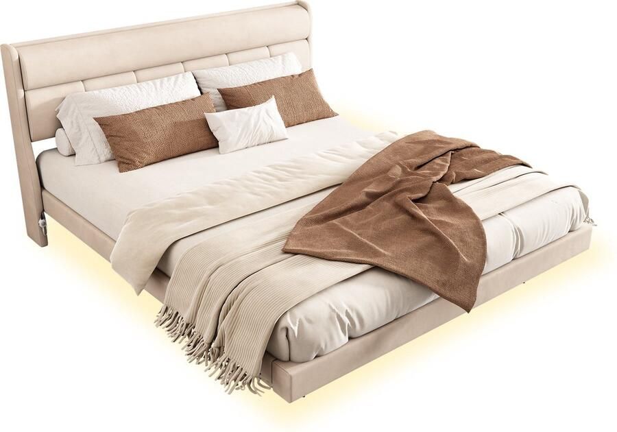 Merax Velours Gestoffeerd Bed – 180x200 cm – Plat Zwevend Bed met Hoofdbord en Bewegingssensor Verlichting – Beige