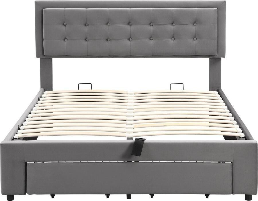 Merax Fluwelen Tweepersoons Opbergbed 140 x 190 cm met Lattenbodem en Hoofdbord Hydraulisch Bed met 2 Laden Grijs - Foto 2