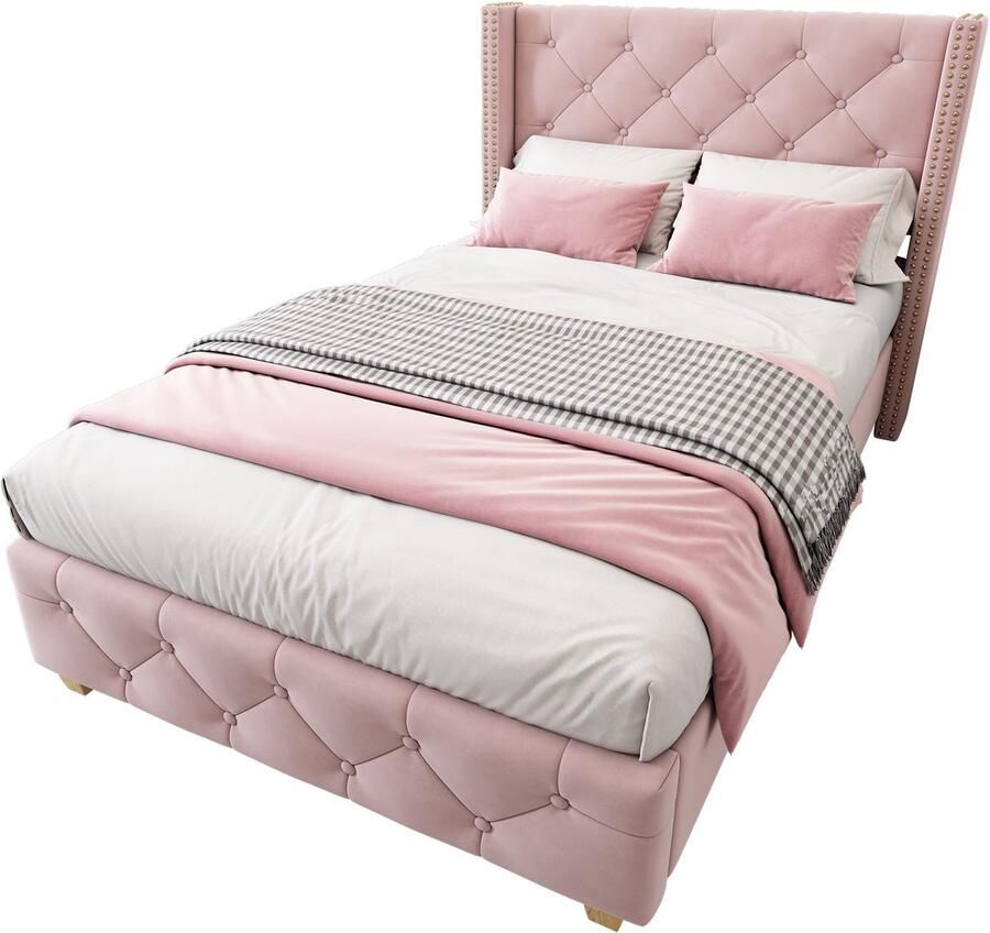 Merax Velvet Bed 90x200 cm – Gestoffeerd Eenpersoonsbed met Hoofdbord Roze