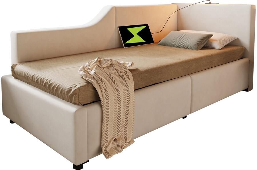Merax Velvet Bedbank 90x190 cm – Multifunctioneel Daybed met Hydraulische Opbergruimte USB-C Laadfunctie en Leeslamp – Kinderbed Tienerbed en Logeerbed met Houten Lattenbodem – Beige