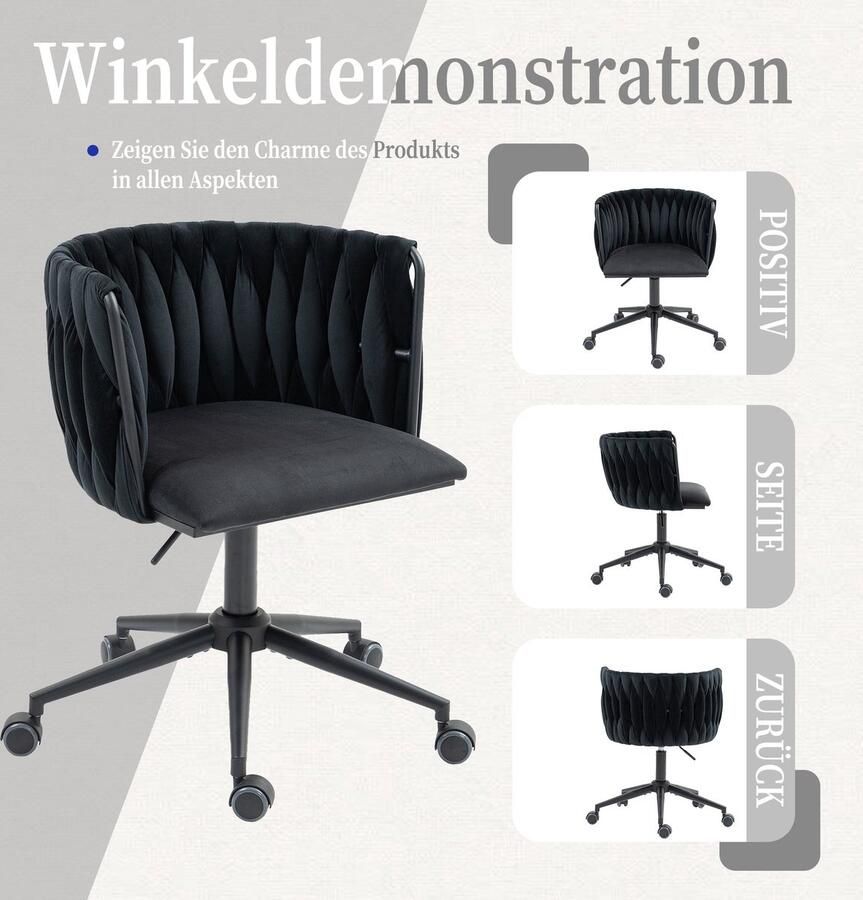 Merax Velvet Bureaustoel 360° Draaibaar In Hoogte Verstelbaar Ergonomisch Design Luxe Gestoffeerd Zwarte Metalen Basis met 5 Wielen