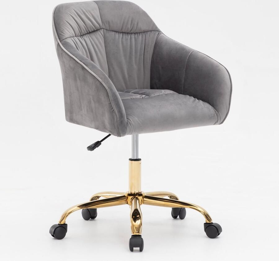 Merax Velvet Bureaustoel Luxe Stoel op Wielen In Hoogte Verstelbaar & 360° Draaibaar Grijs Fluweel met Gouden Onderstel