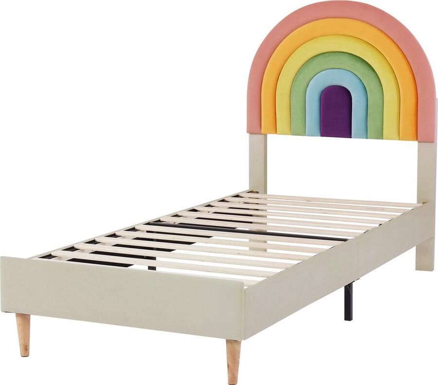 Merax Velvet Eenpersoonsbed 90 x 200 cm Kinderbed met Verstelbaar Regenboog Hoofdbord Gestoffeerd Bed Beige