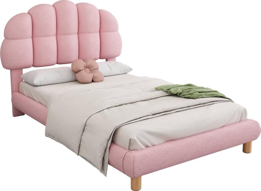 Merax Velvet Eenpersoonsbed 90x200 cm Fluweel Gestoffeerd Bed Kinderbed met Verstelbaar Hoofdbord Roze