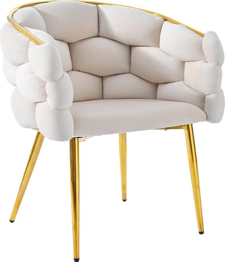 Merax Luxe Samtstoel Moderne Beige Fauteuil met Vergulde Metalen Poten Bubble Design (1 Stuk) voor Woonkamer Eetkamer of Make-up