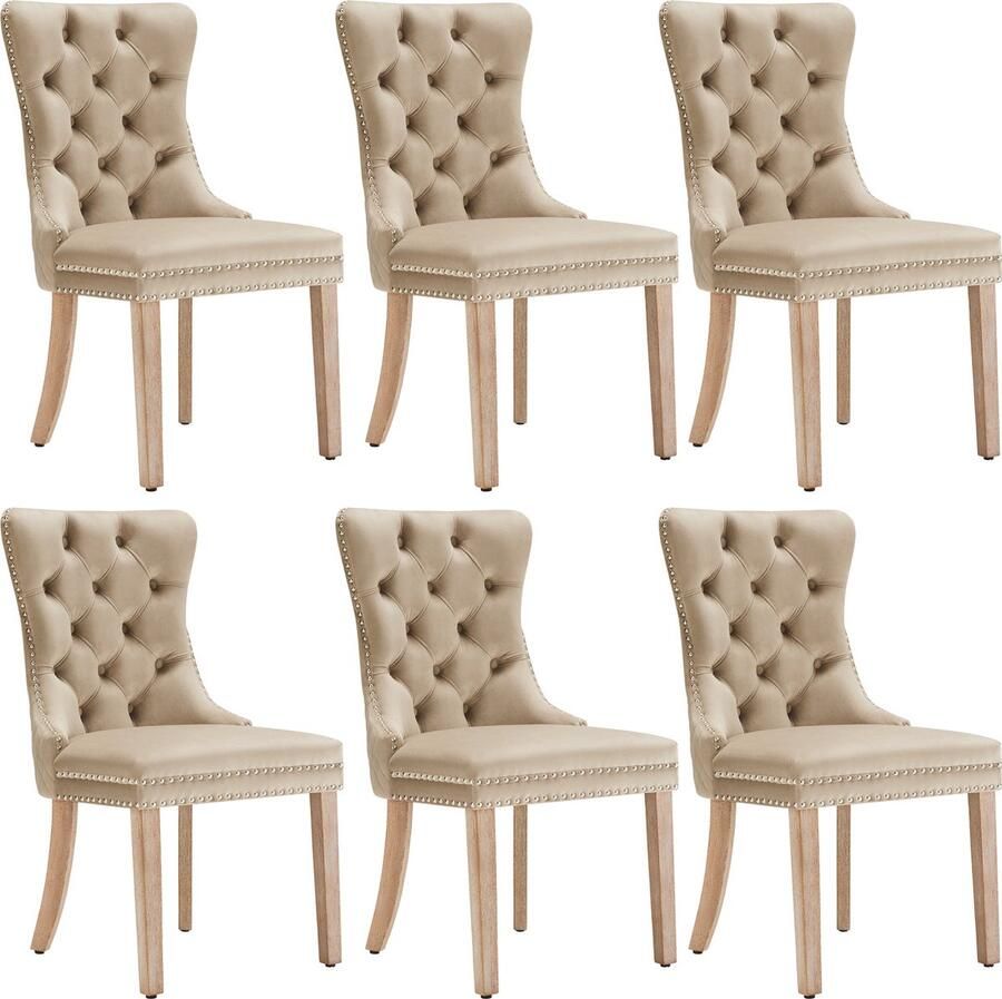 Merax Velvet Eetkamerstoelen Luxe Eetkamerstoel Set van 6 Stoelen met Knopenstiksel Lichtbruin