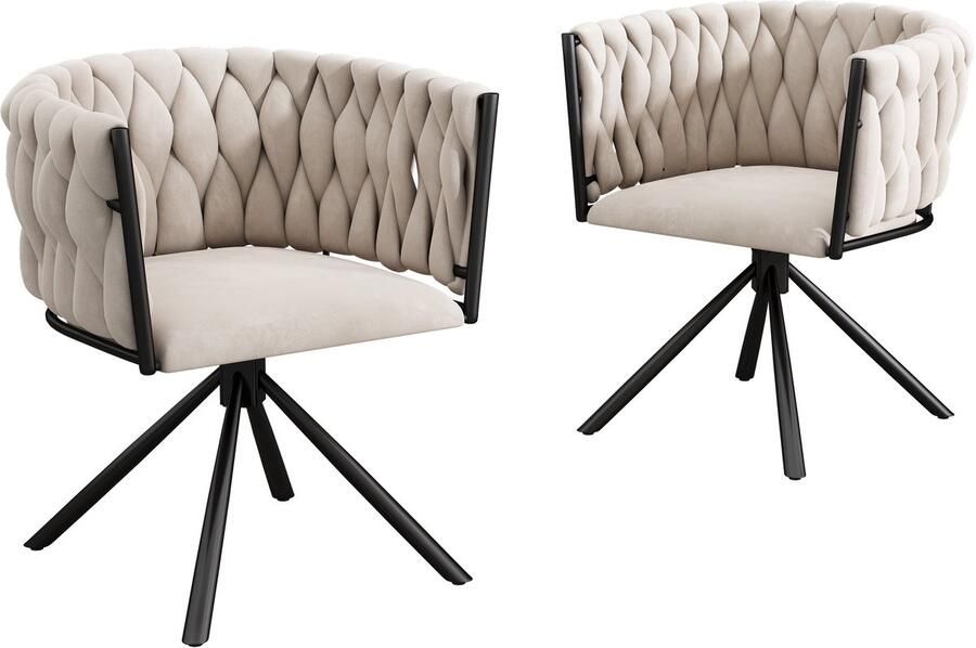 Merax Set van 2 Luxe Fluwelen Eetkamerstoelen – Draaibaar met 360° Rotatie – Ergonomisch Ontwerp – Metalen Onderstel – Beige