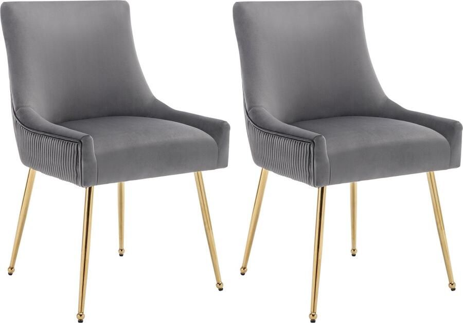 Merax Velvet Eetkamerstoelen Set van 2 Gestoffeerde Lounge Stoelen met Metalen Poten Grijs met Goud