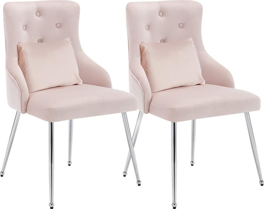 Merax Velvet Eetkamerstoelen Set van 2 Luxe Gestoffeerde Stoelen met Kussen Moderne Eetkamerstoel Roze