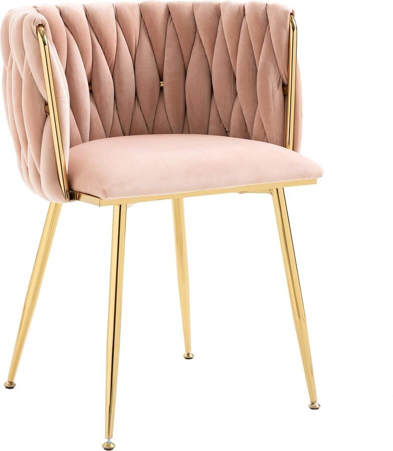 Merax Luxe Fluwelen Eetkamerstoelen Roze – Set van 2 Stoelen met Gouden Metalen Poten en Handgeweven Rugleuning – Comfortabele Stoelen voor Eetkamer Woonkamer of Slaapkamer - Foto 3