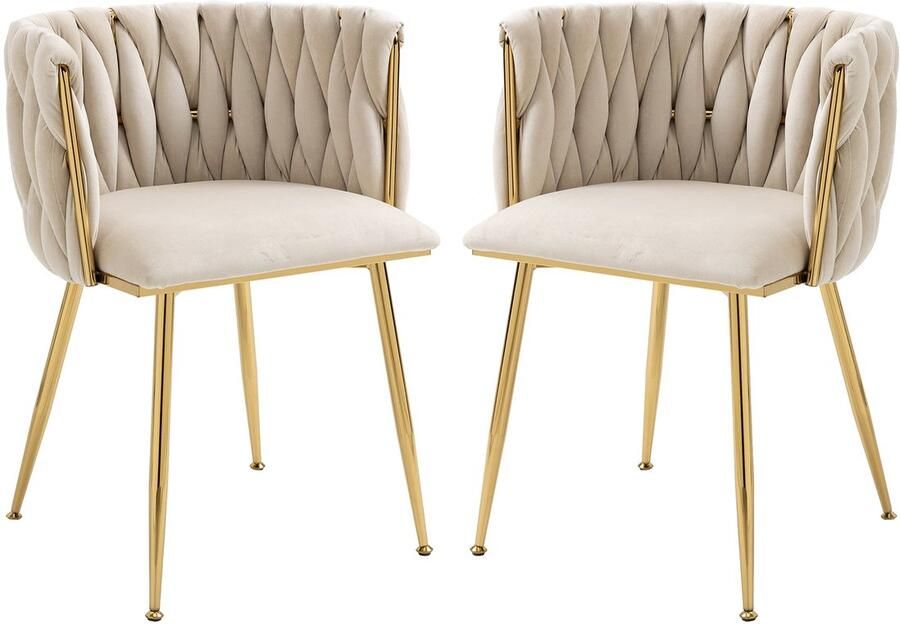 Merax eetkamerstoelen fluweel grijs 2 stuks met gouden metalen poten luxe handgevlochten rugleuning zachte zitting stoelen voor eetkamer woonkamer of slaapkamer - Foto 3