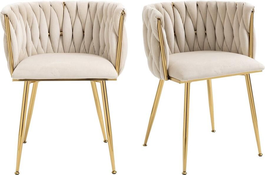 Merax Luxe Velvet Eetkamerstoelen Set van 2 – Ivoorkleurige Stoelen met Gouden Metalen Poten en Handgeweven Rugleuning voor Eetkamer Woonkamer en Slaapkamer