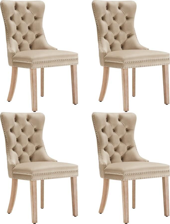 Merax Velvet Eetkamerstoelen Set van 4 Eetkamerstoel met Knopenstiksel Luxe Stoelen Lichtbruin