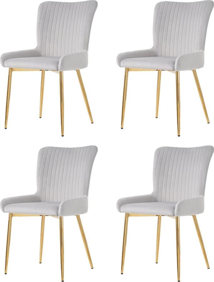 Merax set van 4 luxe fluwelen stoelen Grijs met ergonomisch design lendensteun en gouden metalen poten