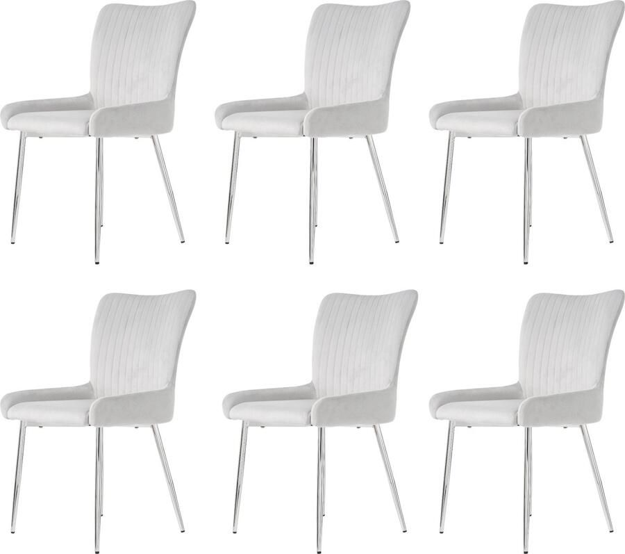 Merax Velvet Eetkamerstoelen Set van 6 – Grijs – Luxe Fluwelen Stoelen met Lendensteun – Zilveren Metalen Poten