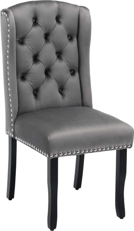 Merax Velvet Eetkamerstoelen Set van 6 Luxe Stoelen met Eikenhouten Poten Knopen Nagelkopdetails en Chroomhandgreep Grijs met Zwart