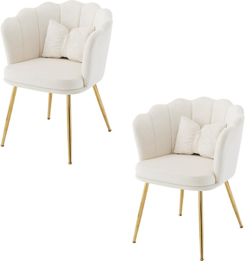 Merax Velvet Fauteuil met Bladerenpatroon Set van 2 – Elegante Stoelen met Gouden Metalen Poten en Sierkussen – Beige