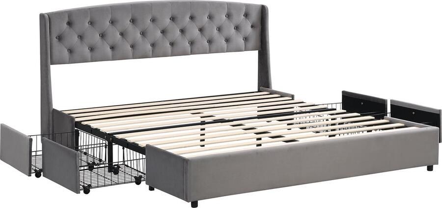 Merax Velvet Gestoffeerd Kingsize Bed 180 x 200 cm Tweepersoonsbed met Lattenbodem en 4 Opberglades Grijs