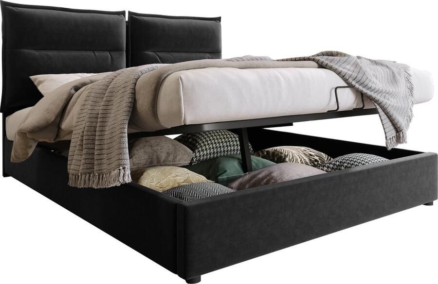 Merax Velvet Gestoffeerd Tweepersoonsbed 140x200 cm Bed met Verstelbaar Hoofdbord en Hydraulische Opbergruimte Zwart