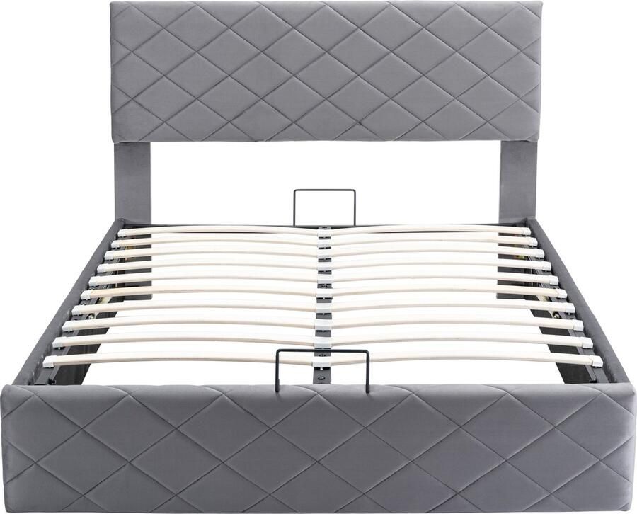 Merax Velvet Gestoffeerd Tweepersoonsbed 140x200 cm Luxe Bed met Hydraulisch Systeem Grijs