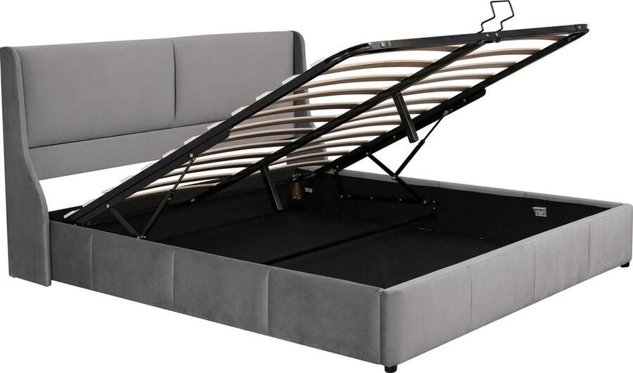 Merax Velvet Gestoffeerd Tweepersoonsbed 160x200 cm Bed met Hydraulisch Opbergruimte Grijs