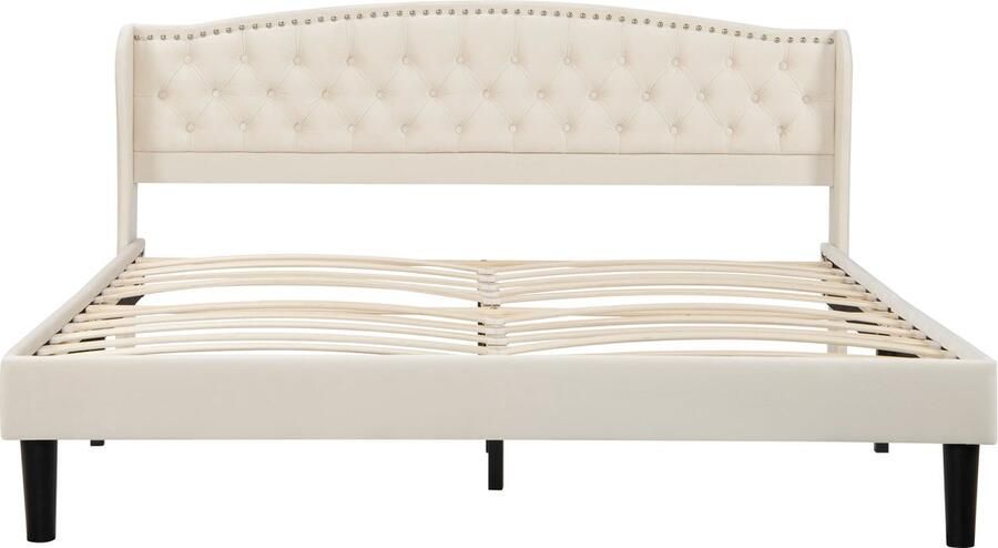 Merax Velvet Gestoffeerd Tweepersoonsbed met Hoofdbord 140x200 cm Bed met Decoratie Knopen Beige