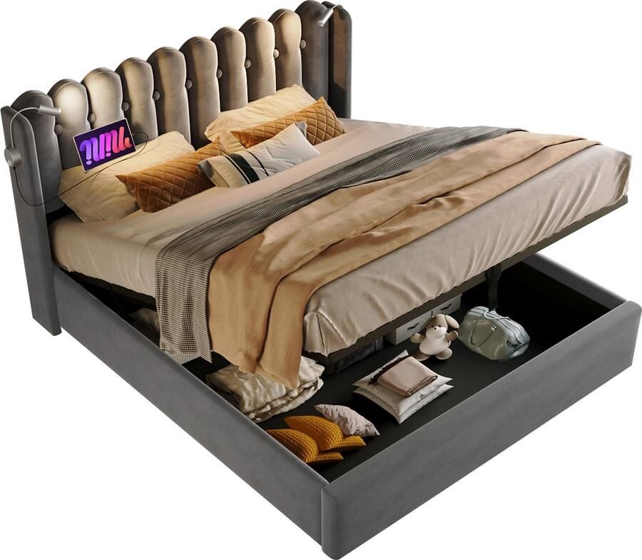 Merax Gestoffeerd Tweepersoonsbed 140x200 cm Inclusief 7-Zone Koudschuim Matras Luxe Bed met Leeslamp en Hoofdbord met Opbergruimte Grijs