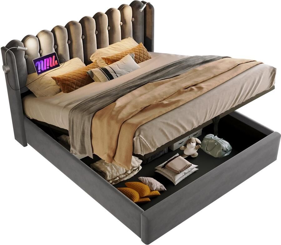 Merax Velvet Gestoffeerd Tweepersoonsbed met Verlichting en Oplaadfunctie Luxe Bed met Hydraulische Opbergruimte Grijs