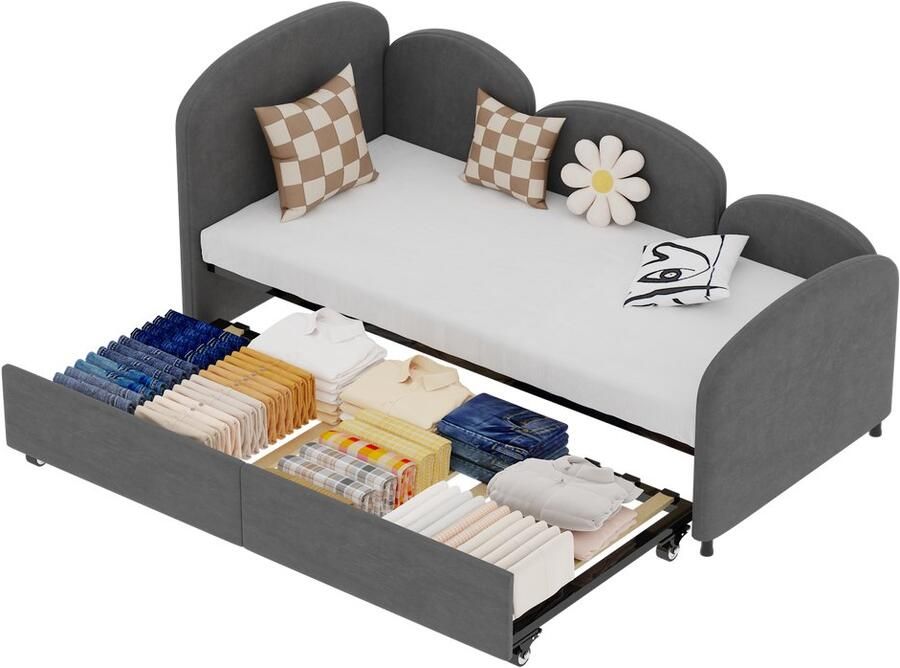 Merax Velvet Kinderbed 90x200 cm – Donkergrijze Slaapbank met Opberglade – Fluwelen Daybed met Bloemvormig Design