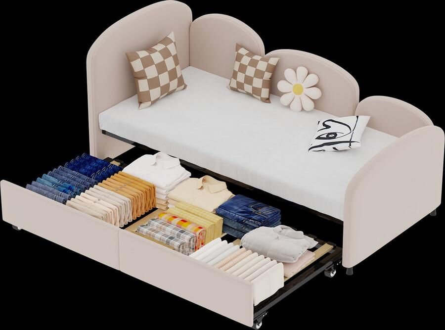 Merax Velvet Kinderbed 90x200 cm – Roze Slaapbank met Opberglade – Fluwelen Eenpersoonsbed met Bloemvormig Design - Foto 3