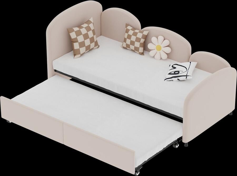 Merax Velvet Kinderbed 90x200 cm – Roze Slaapbank met Opberglade – Fluwelen Eenpersoonsbed met Bloemvormig Design - Foto 2
