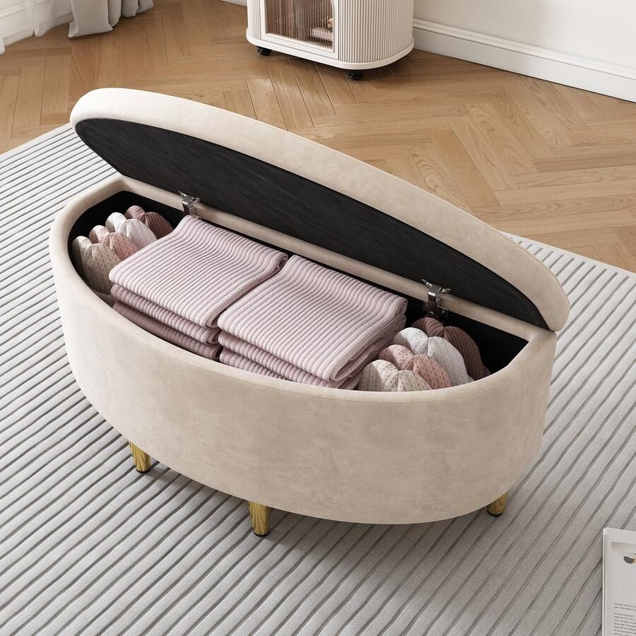 Merax Velvet Opbergbank 90x40x42 cm – Beige Zitbank met Opbergruimte en Metalen Poten – Luxe Bedhocker voor Slaapkamer of Hal